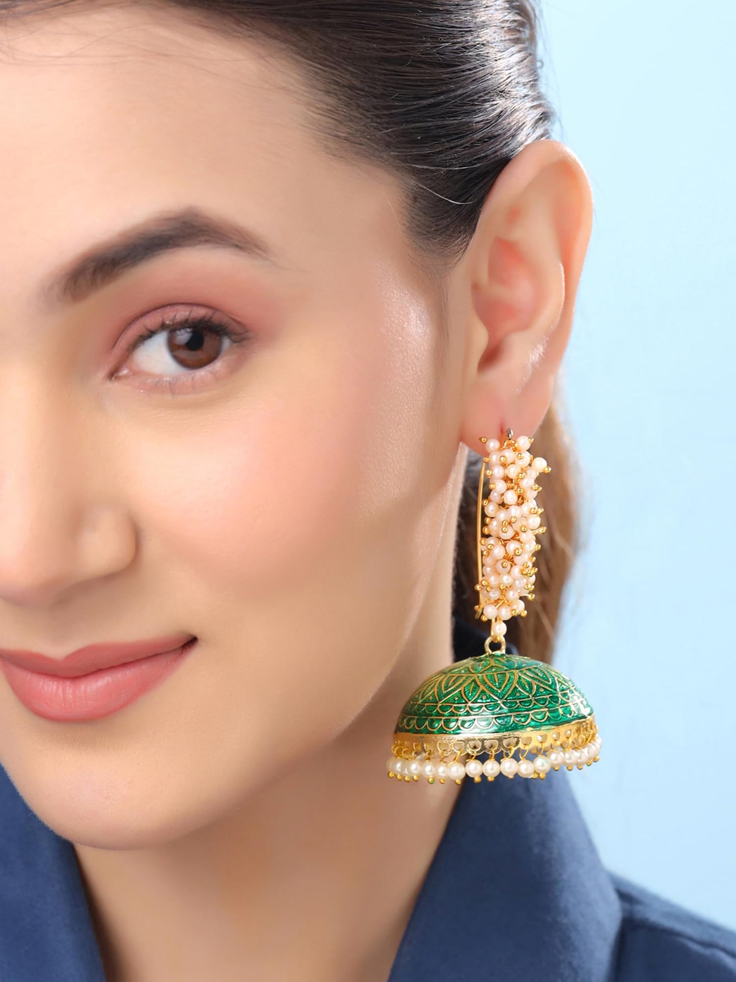 Yellow Chimes Meenakari Jhumka Earrings for Women | Traditional Mothi Hoop Jhumki Earrings Set for Girls | Green Big Hoops Jhumkas Ethnic Gold Plated Women Earrings | Birthday Gift For Girls