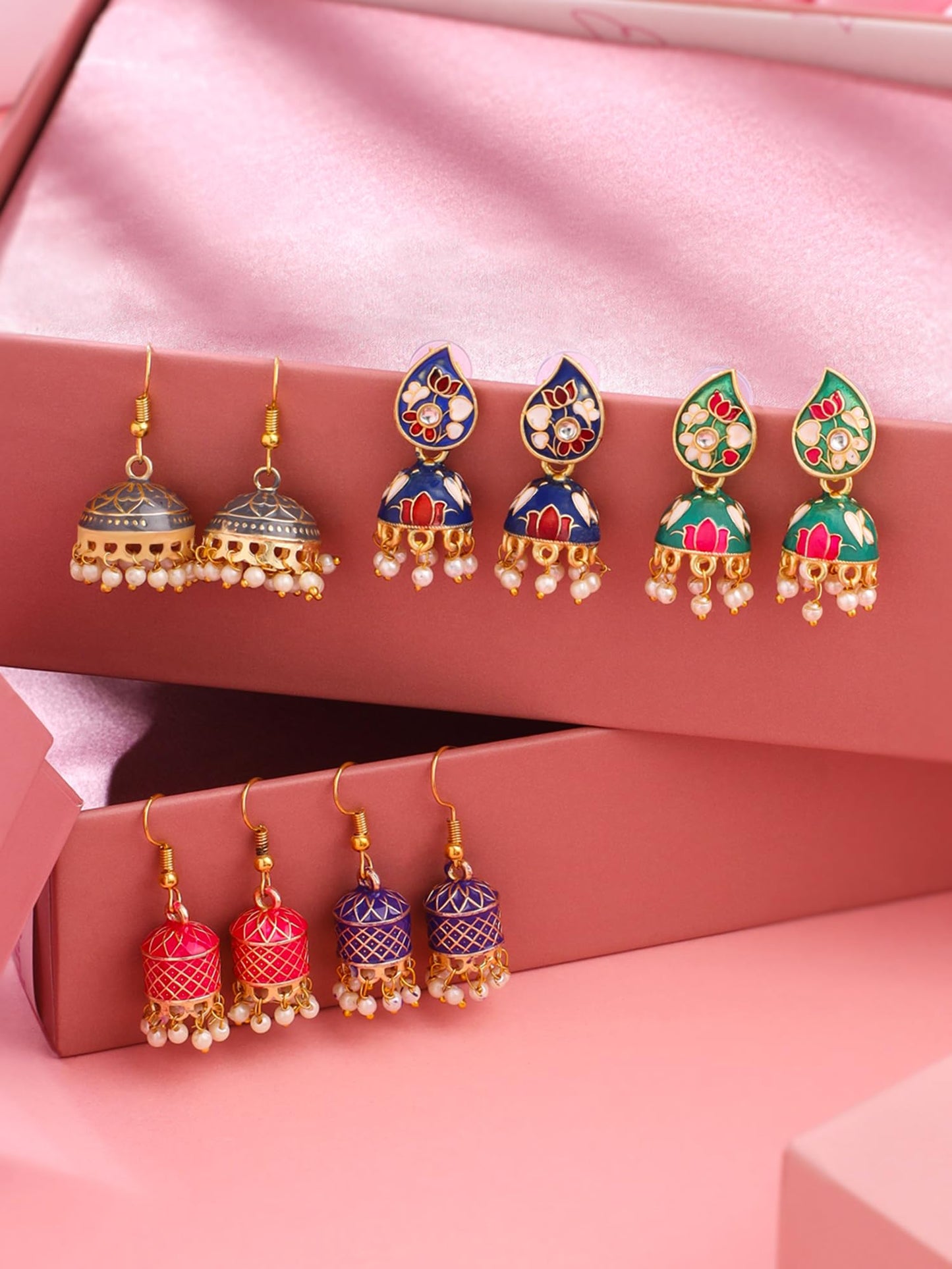 Yellow Chimes Meenakari Jhumka Earrings for Women | Traditional Jhumki Earrings Set for Girls | Combo of 5 Pairs Jhumkas Ethnic Gold Plated Women Earrings | Birthday Gift For Girls