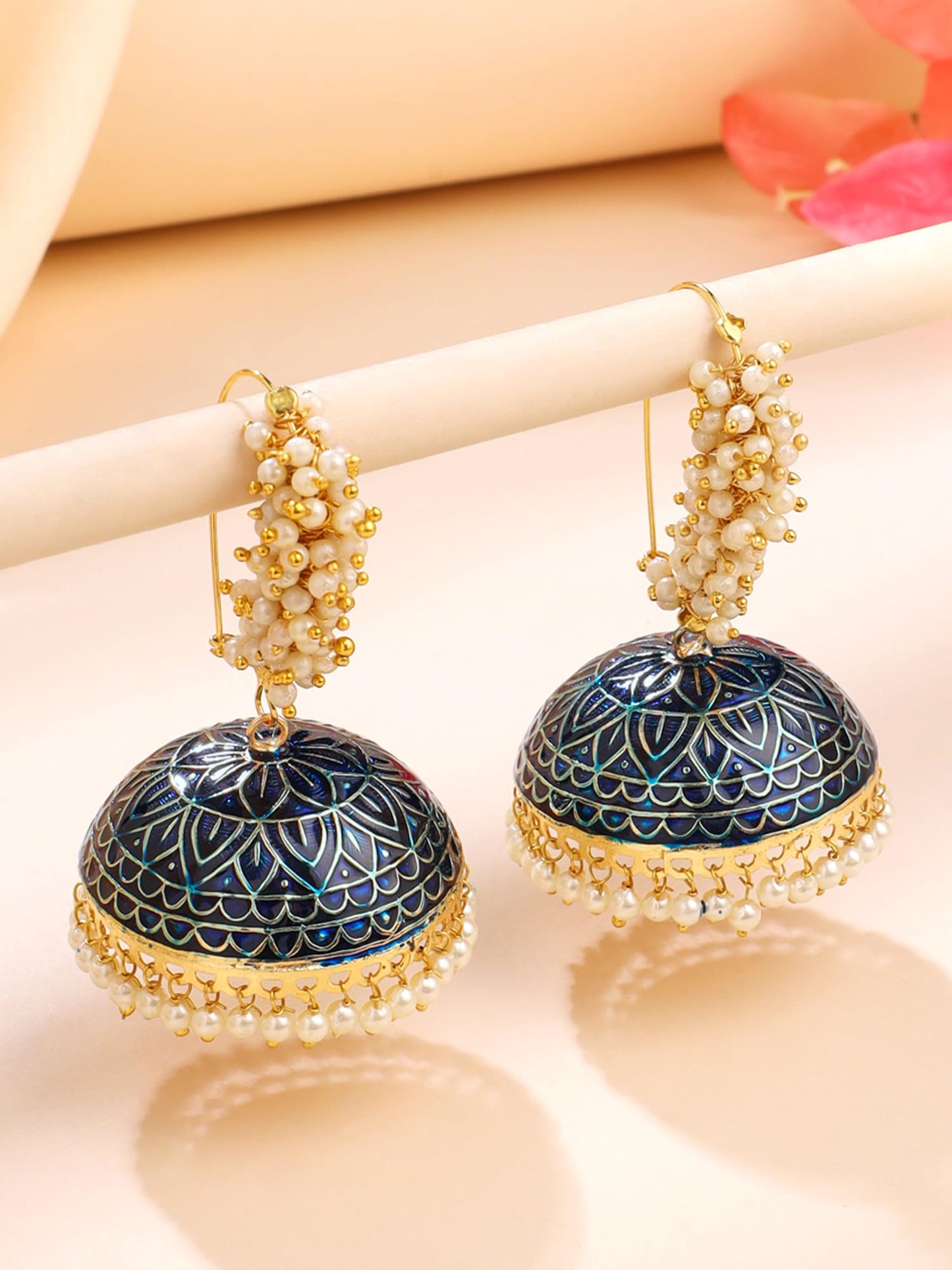 Yellow Chimes Meenakari Jhumka Earrings Handcrafted Gold toned Traditional Multicolor Jhumka/Jhumki Earrings for Women and Girls (Dark Blue Jhumka)