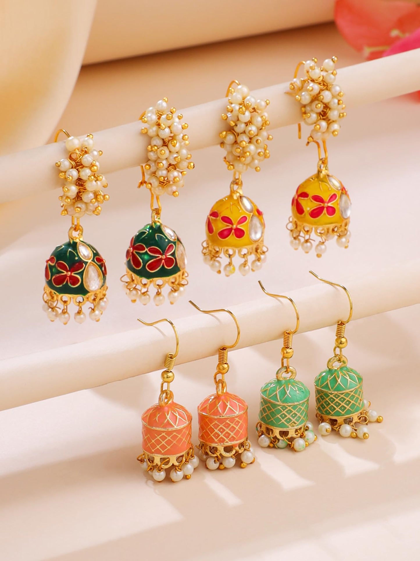 Yellow Chimes Meenakari Jhumka Earrings for Women | Traditional Mothi Hoop Jhumki Earrings Set for Girls | Combo of 4 Pairs Jhumkas Ethnic Gold Plated Women Earrings | Birthday Gift For Girls