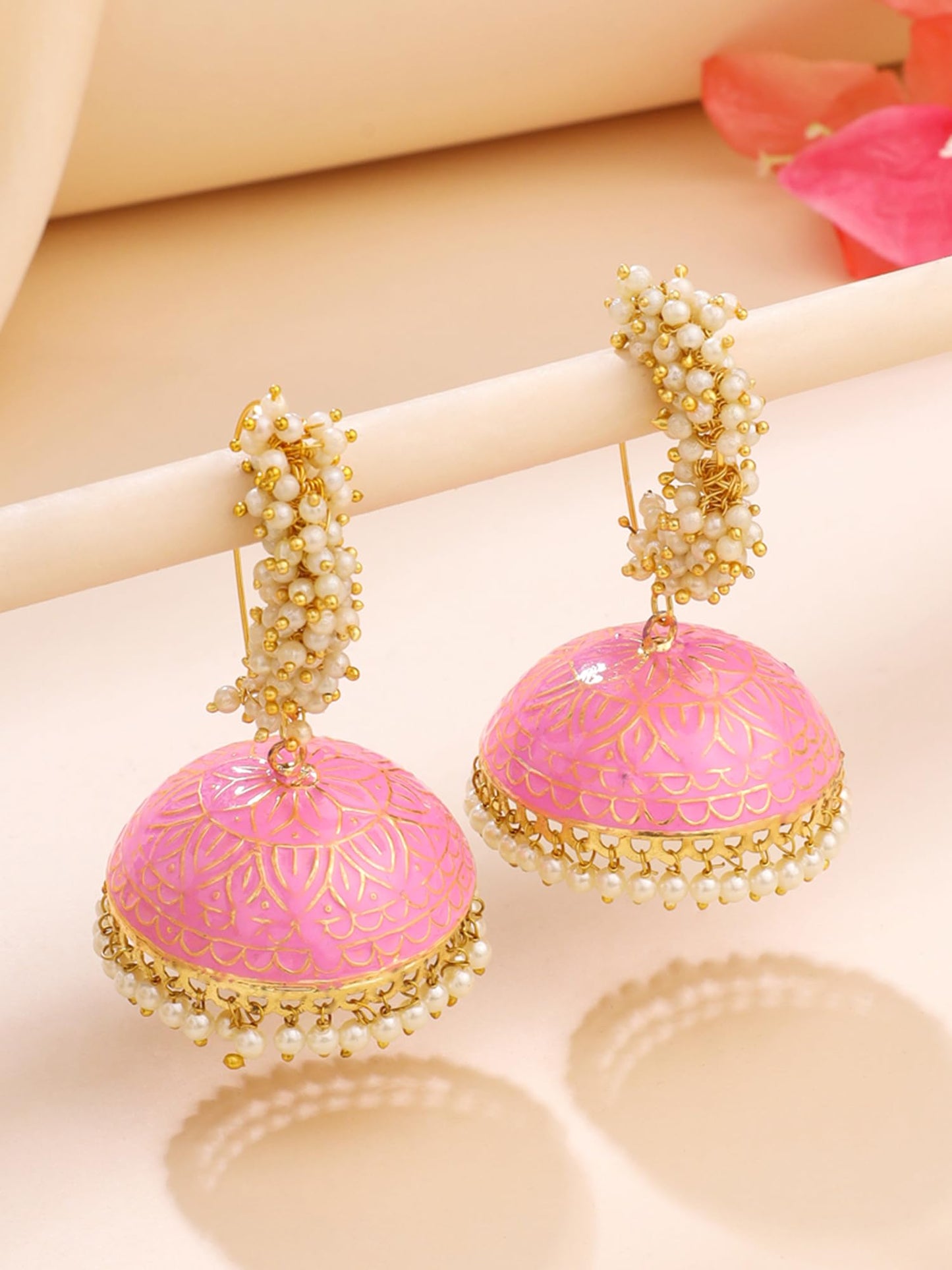 Yellow Chimes Meenakari Jhumka Earrings for Women | Traditional Mothi Hoop Jhumki Earrings Set for Girls | Pink Big Hoops Jhumkas Ethnic Gold Plated Women Earrings | Birthday Gift For Girls