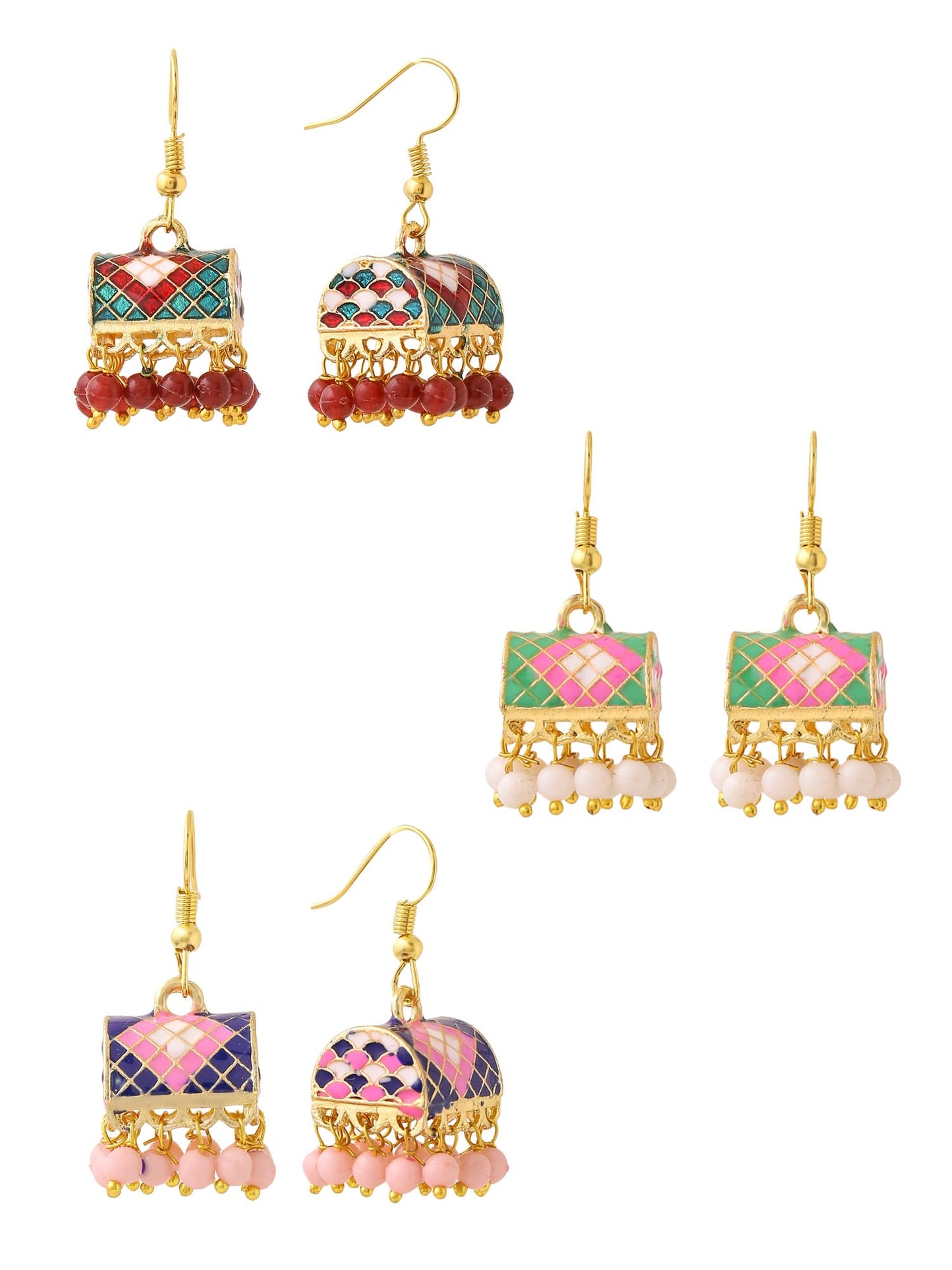 Yellow Chimes Meenakari Jhumka Earrings for Women | Traditional Small Jhumki Earrings Set for Girls | Combo of 3 Pairs Jhumkas Ethnic Gold Plated Women Earrings | Birthday Gift For Girls