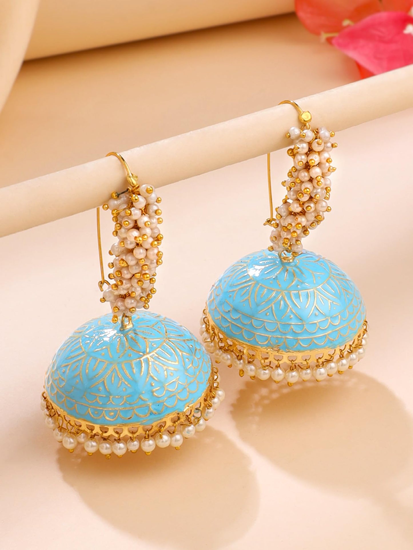 Yellow Chimes Meenakari Jhumka Earrings for Women | Traditional Mothi Hoop Jhumki Earrings Set for Girls | Blue Big Hoops Jhumkas Ethnic Gold Plated Women Earrings | Birthday Gift For Girls