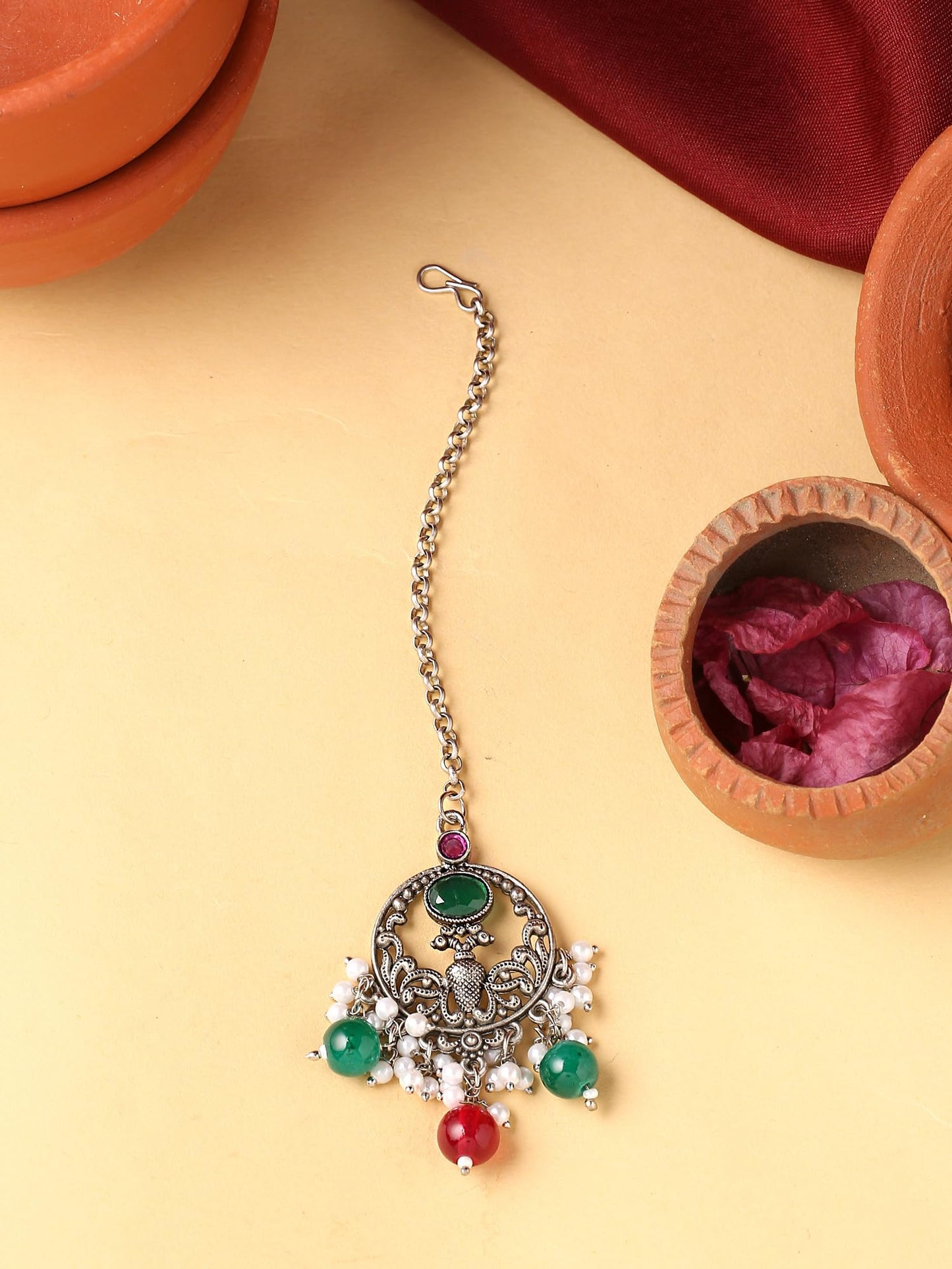 Yellow Chimes Maangtikka for Women Silver Oxidised Stone Studded Peacock Designed Maangtikka for Women and Girls