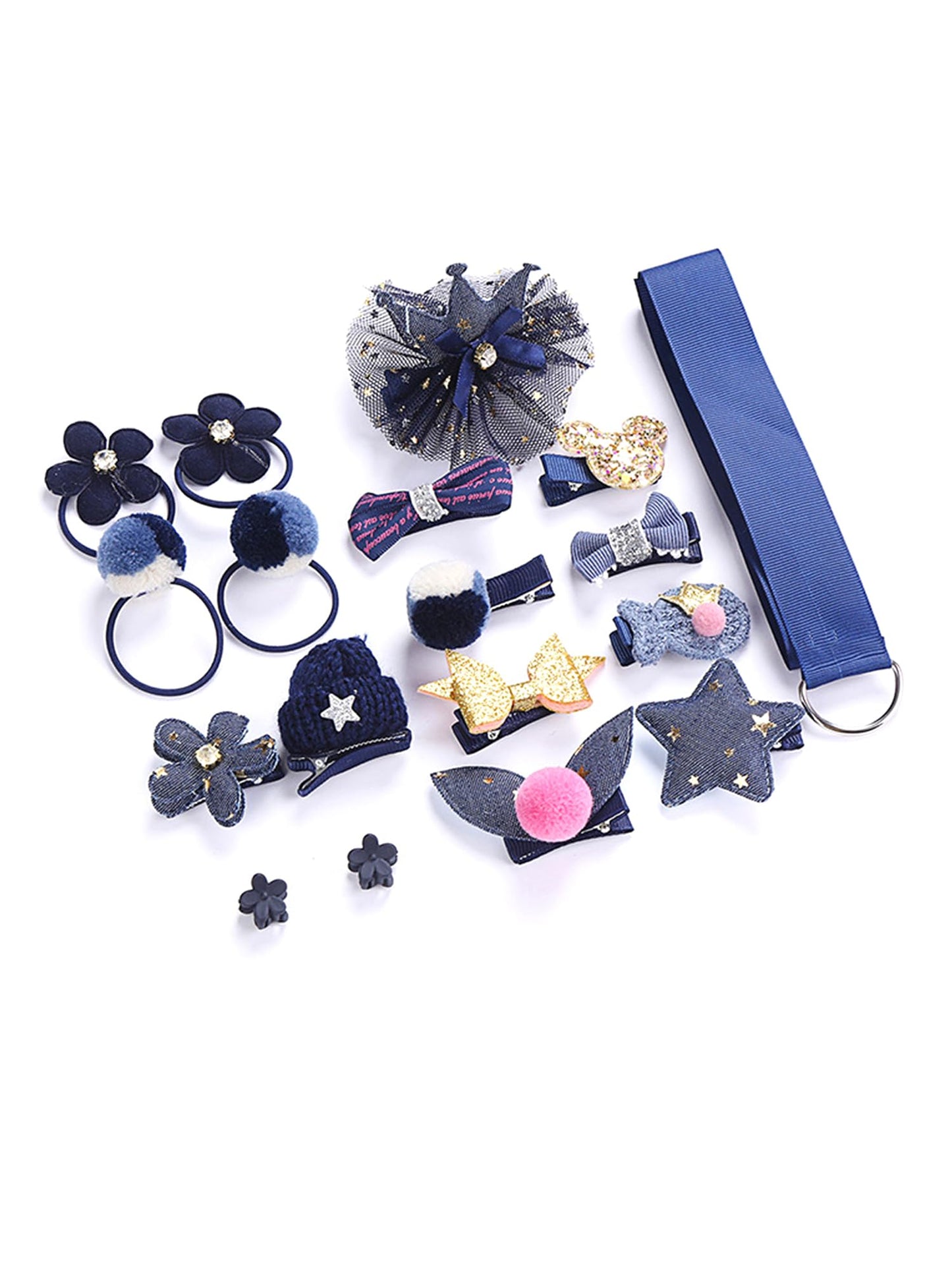 Melbees by Yellow Chimes Kids Hair Accessories for Girls Hair Accessories Combo Set Blue 18 Pcs Baby Girl's Hair Clips Set Cute Ponytail Holder Claw Clip Bow Clips For Girls Assortment Gift for Kids