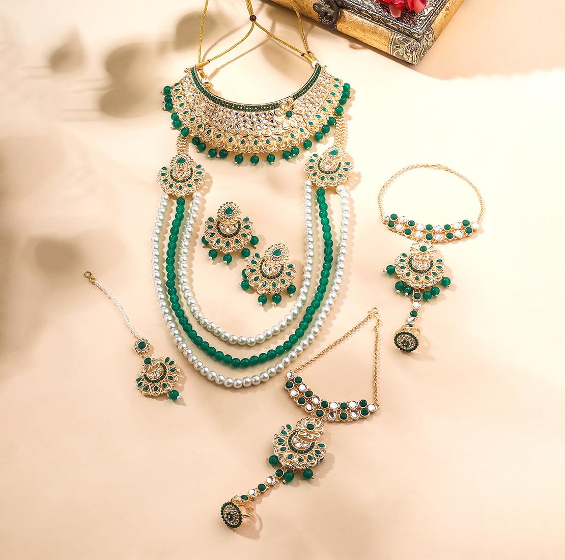 Yellow Chimes Jewellery Set for Women and Girls Traditional Kundan Dulhan Bridal Jewellery Set Green Beads Layered Choker Necklace Set for Wedding Gold Plated Bridal Set for Women