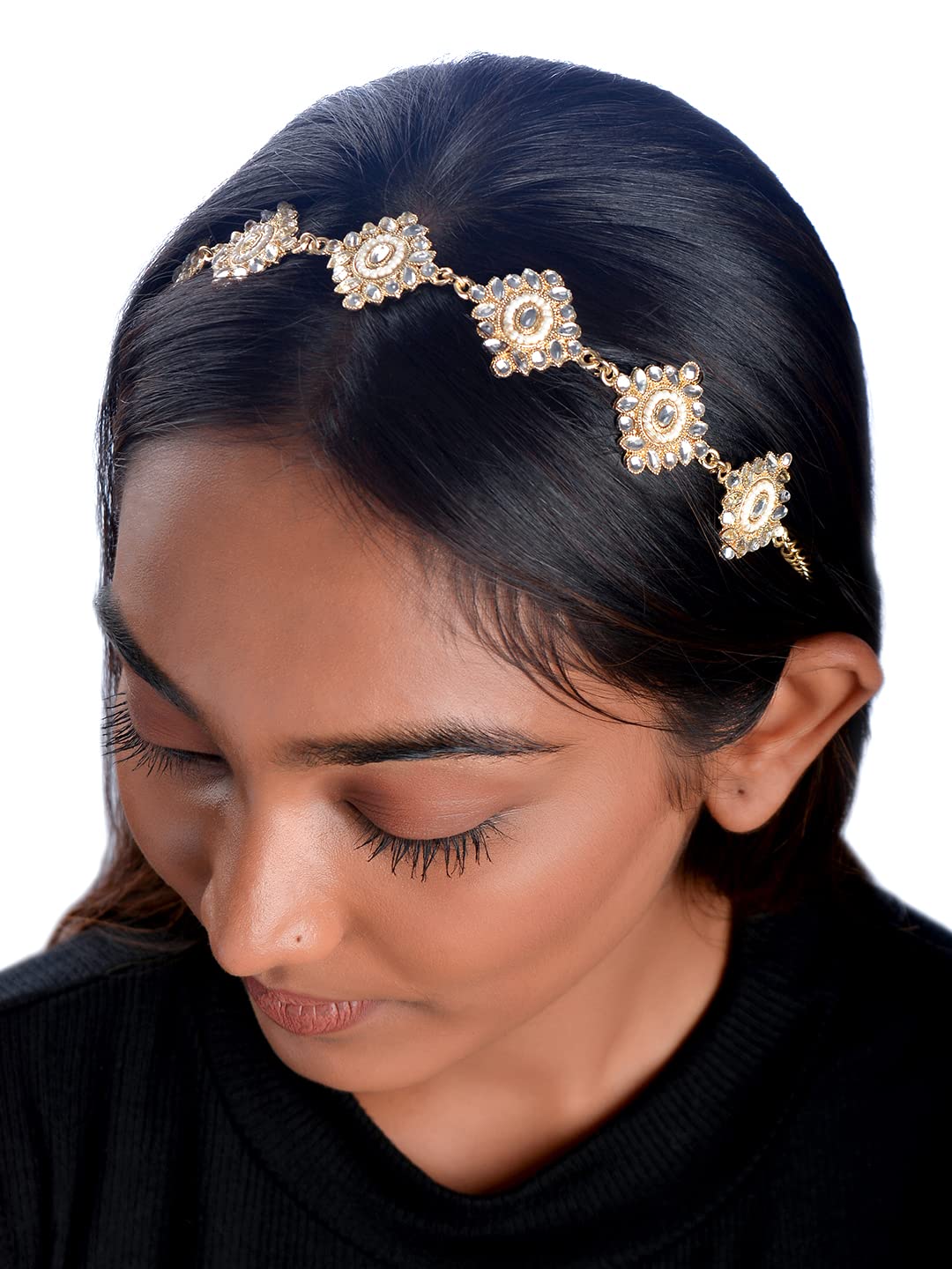 Yellow Chimes Head Chain for Women Traditional Headband Gold Plated Kundan Studded Hairband Matha patti Jewellery Necklace for women and Girls