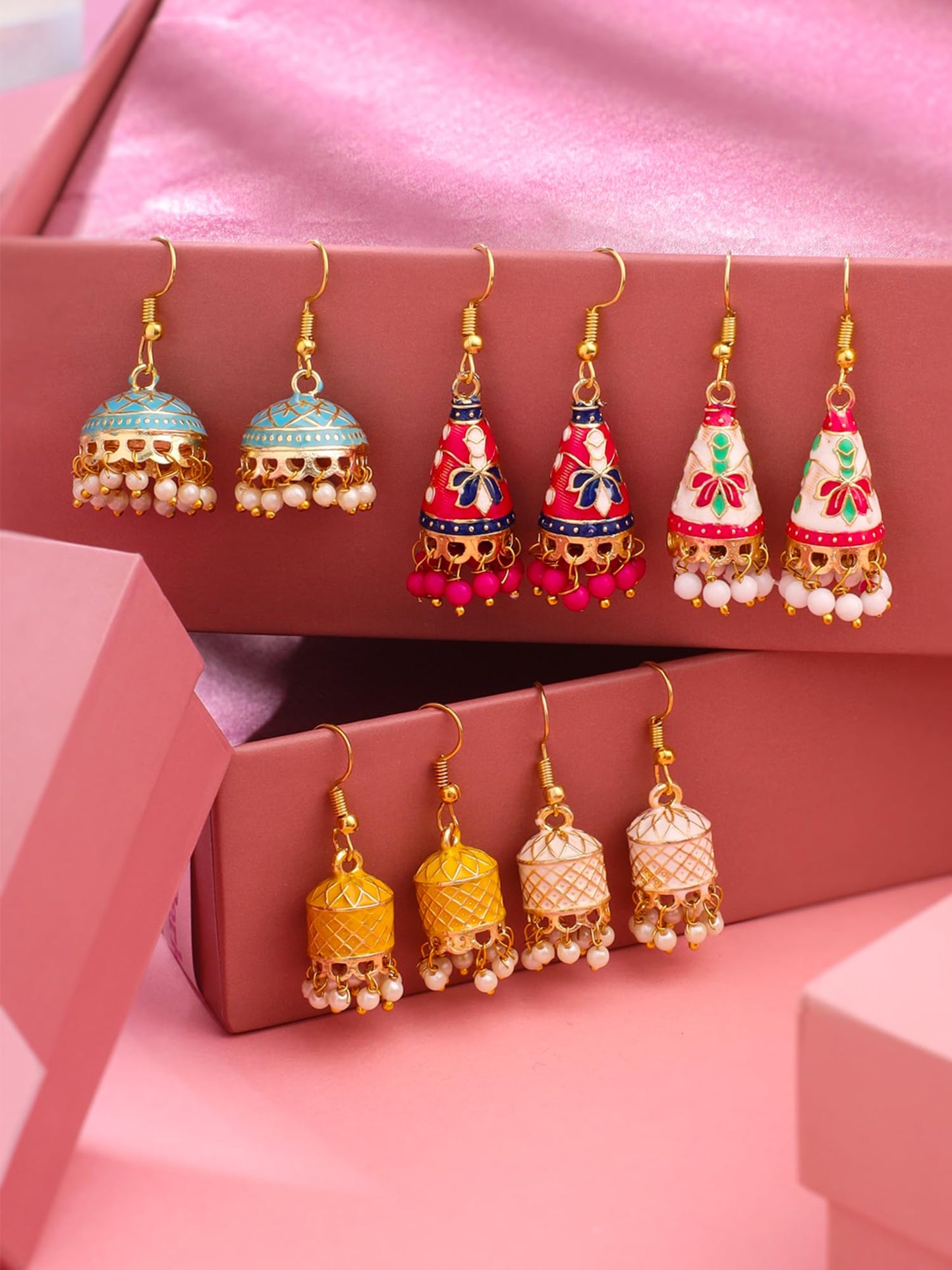 Yellow Chimes Meenakari Jhumka Earrings for Women | Traditional Jhumki Earrings Set for Girls | Combo of 5 Pairs Jhumkas Ethnic Gold Plated Women Earrings | Chic Reverie | Birthday Gift For Girls