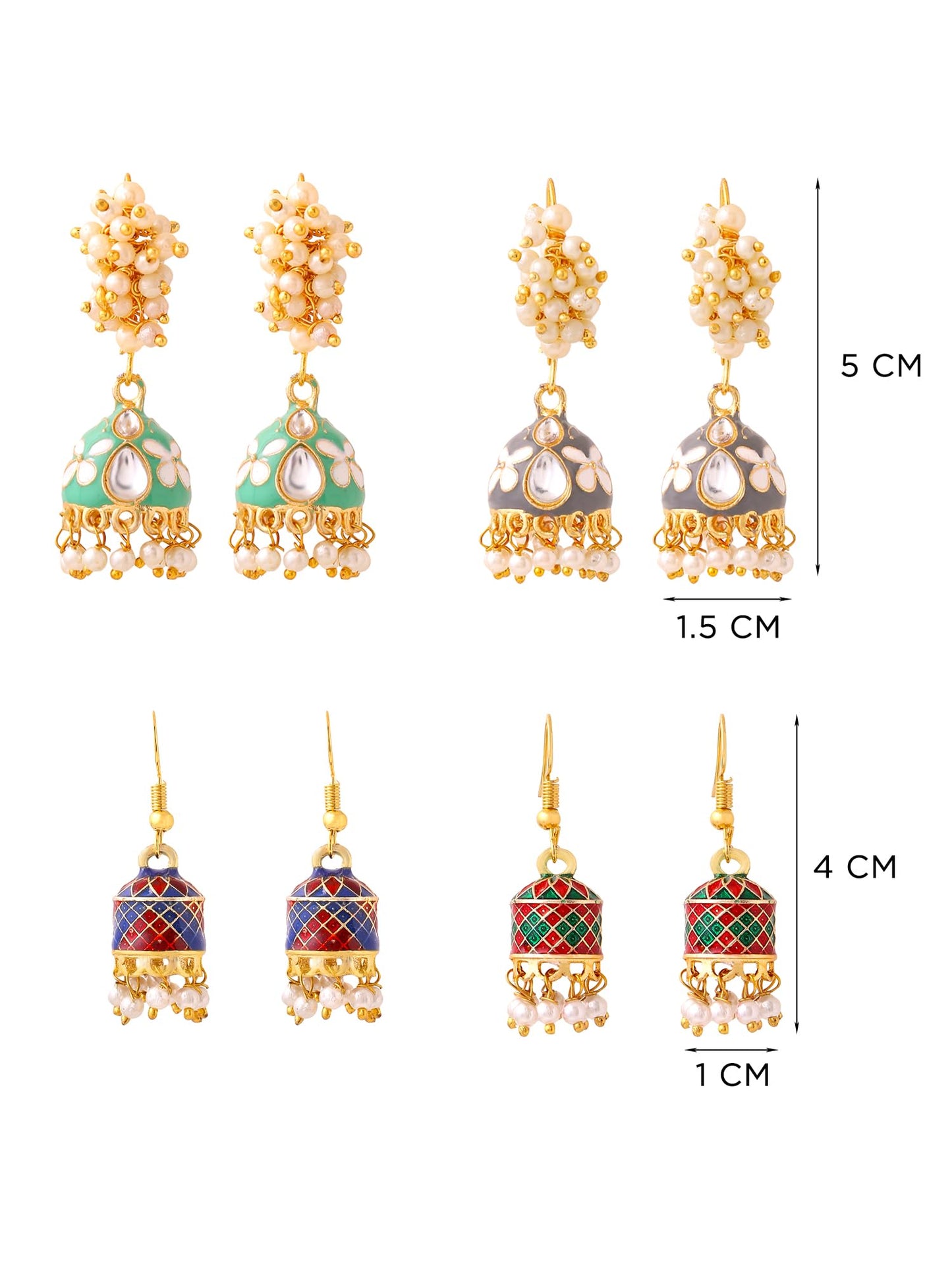 Yellow Chimes Meenakari Jhumka Earrings for Women | Traditional Mothi Hoop Jhumki Earrings Set for Girls | Combo of 4 Pairs Jhumkas Ethnic Gold Plated Women Earrings | Birthday Gift For Girls