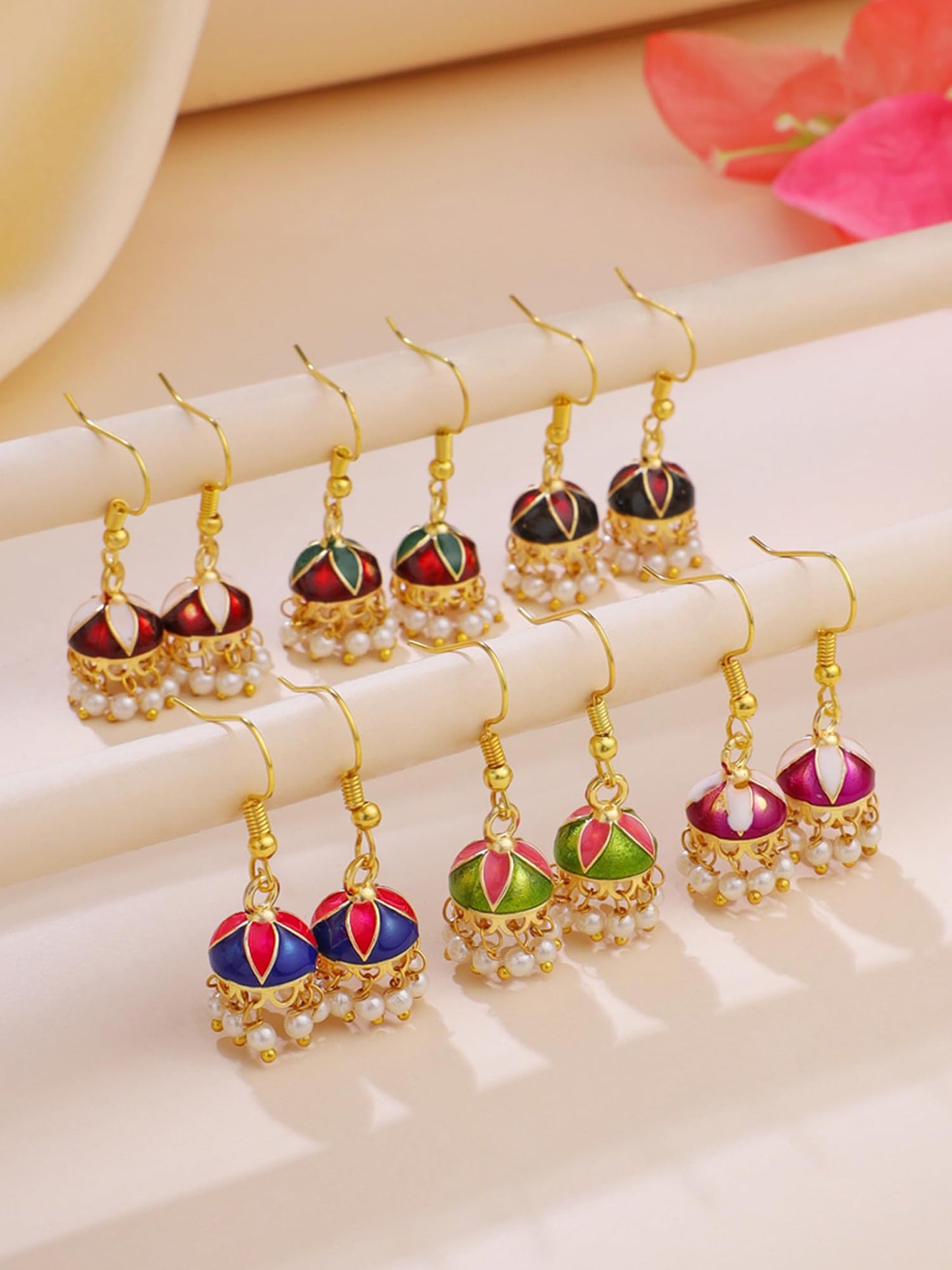 Yellow Chimes Meenakari Jhumka Earrings for Women | Traditional Small Jhumki Earrings Set for Girls | Combo of 6 Pairs Jhumkas Ethnic Gold Plated Women Earrings | Birthday Gift For Girls