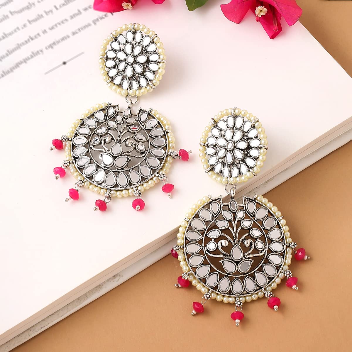 Yellow Chimes Earrings For Women Silver Toned and Silver Oxidized Floral Designed Mirror Studded Jhumka Earrings For Women and Girls