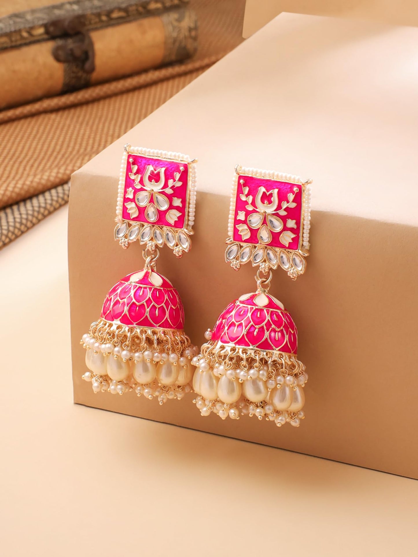 Yellow Chimes Meenakari Jhumka Earrings for Women Girls | Enamel Pink Jhumka Earring | Traditional Gold Plated Pearl Heavy Jhumki Earrings |Eternal Elegance | Birthday Anniversary Gift for Girls Women