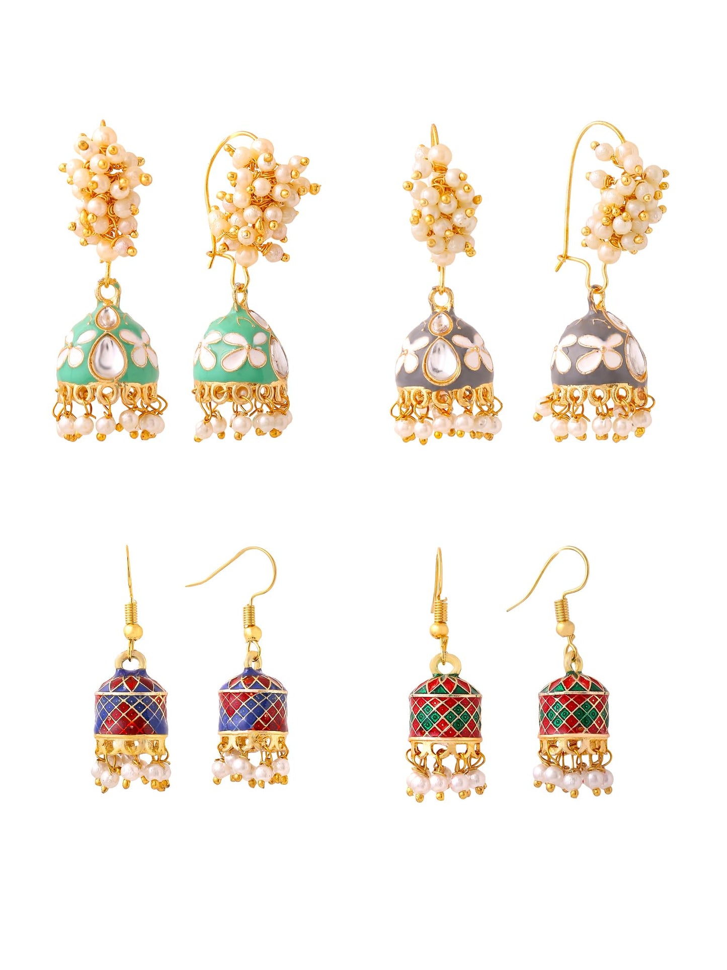 Yellow Chimes Meenakari Jhumka Earrings for Women | Traditional Mothi Hoop Jhumki Earrings Set for Girls | Combo of 4 Pairs Jhumkas Ethnic Gold Plated Women Earrings | Birthday Gift For Girls