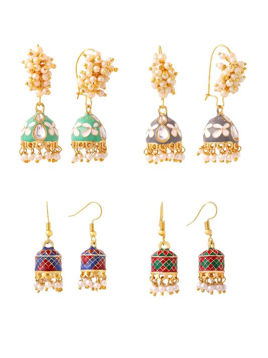 Yellow Chimes Meenakari Jhumka Earrings for Women | Traditional Mothi Hoop Jhumki Earrings Set for Girls | Combo of 4 Pairs Jhumkas Ethnic Gold Plated Women Earrings | Birthday Gift For Girls