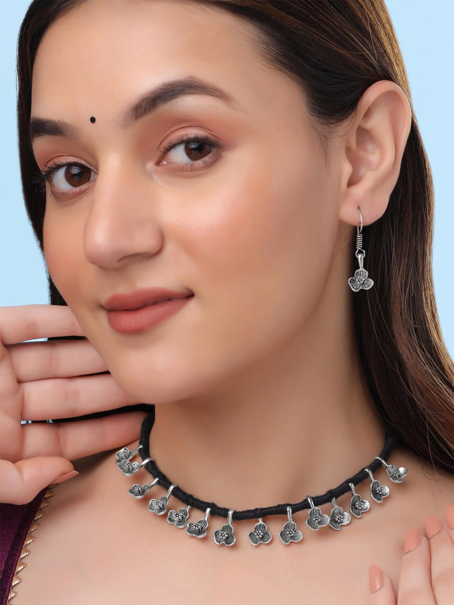 Yellow Chimes Oxidised Silver Jewellery Set For Women | Silver Oxidised Plated Choker Necklace Set for Women | Floral Shaped Traditional Jewellery Sets | Birthday Anniversary Gift for Women Wife