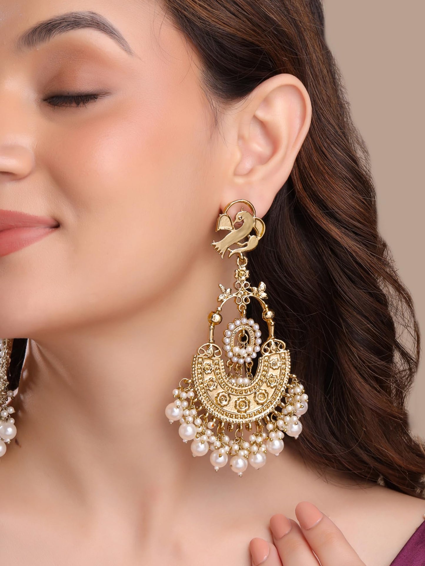 Yellow Chimes Chandbali Earrings for Women | Traditional Pearls Earrings for Girls Ethnic Gold Plated Women Earrings | Long Dangler Pearl Earrings | Birthday Gift For Girls Anniversary Gift for Wife