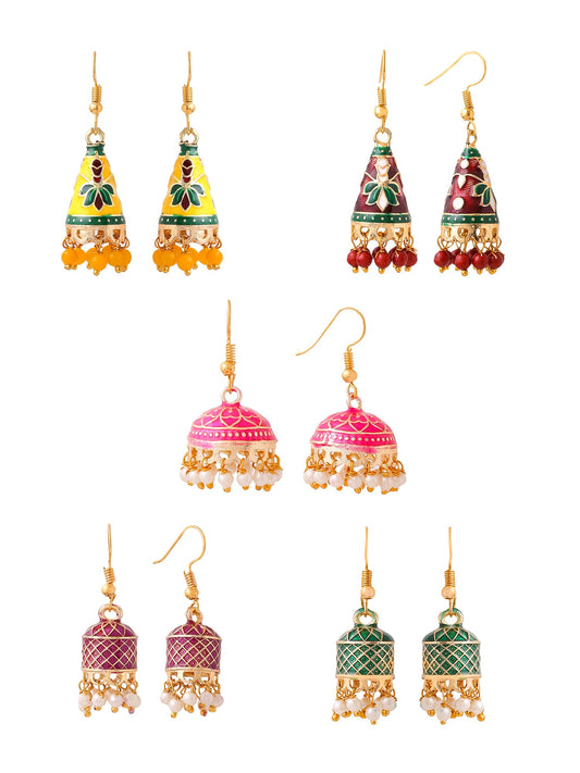 Yellow Chimes Meenakari Jhumka Earrings for Women | Traditional Jhumki Earrings Set for Girls | Combo of 5 Pairs Jhumkas Ethnic Gold Plated Women Earrings | Birthday Gift For Girls