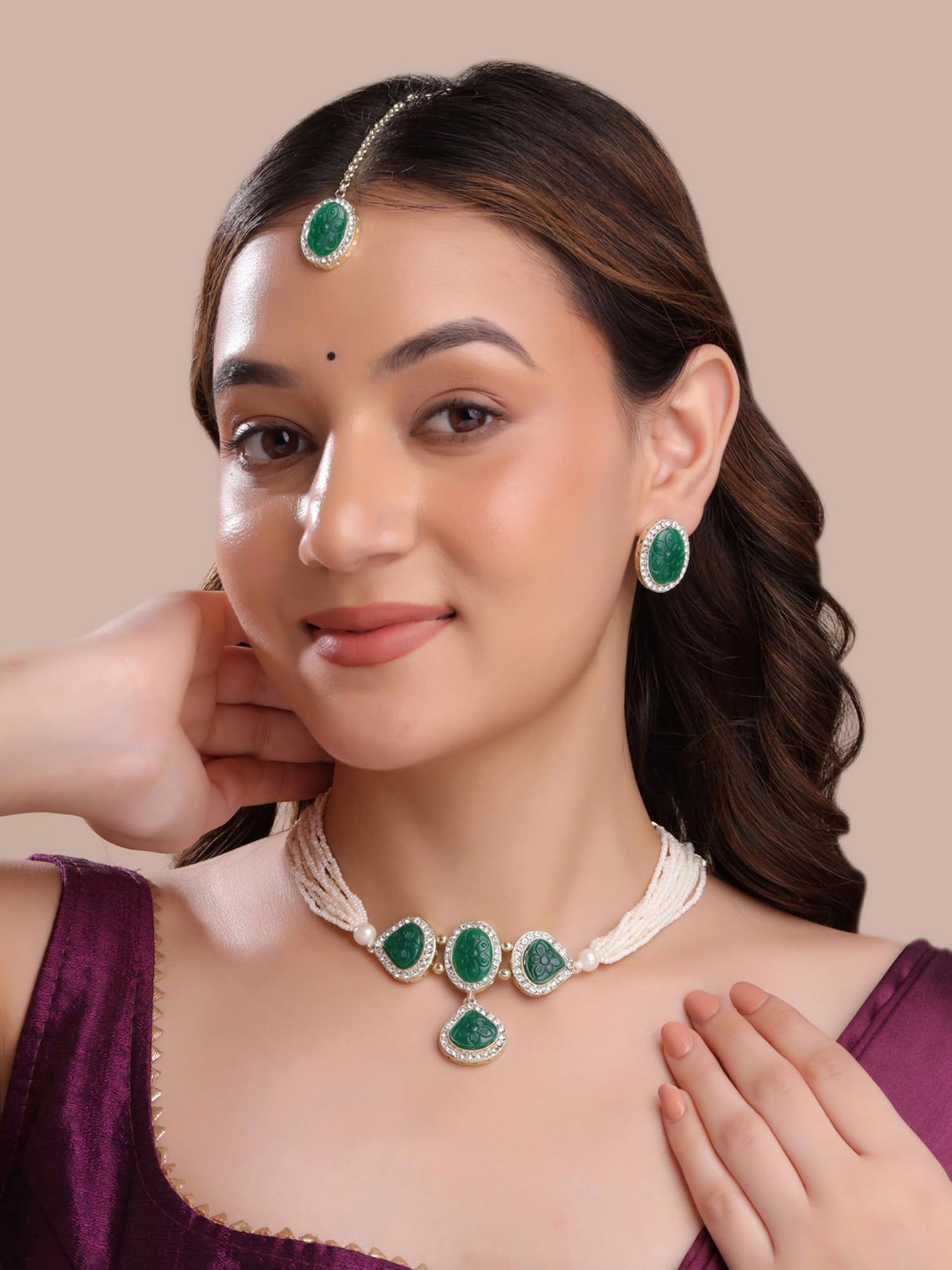 Yellow Chimes Mystic Grooves Collection Jewellery Set for Women Handcrafted Carved Stone Beads Choker Necklace Set | Ethnic Green Choker Set for Girls Birthday Gift for Girls & Women