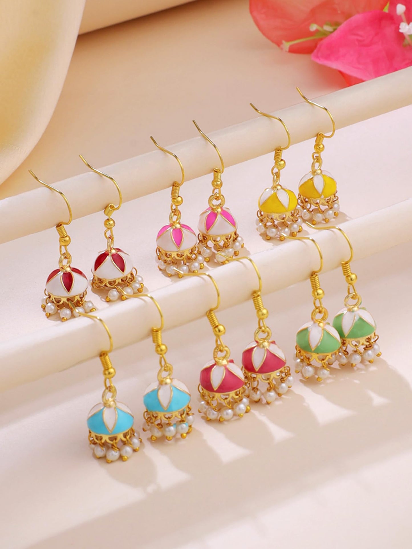 Yellow Chimes Meenakari Jhumka Earrings for Women | Traditional Small Jhumki Earrings Set for Girls | Combo of 6 Pairs Jhumkas Ethnic Gold Plated Women Earrings | Birthday Gift For Girls