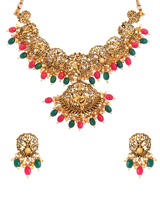 Yellow Chimes Jewellery Set for Women Gold Plated Traditional Temple Jewelry Set Antique Necklace Set with Earrings and Maangtikka for Women and Girls (JS 18)