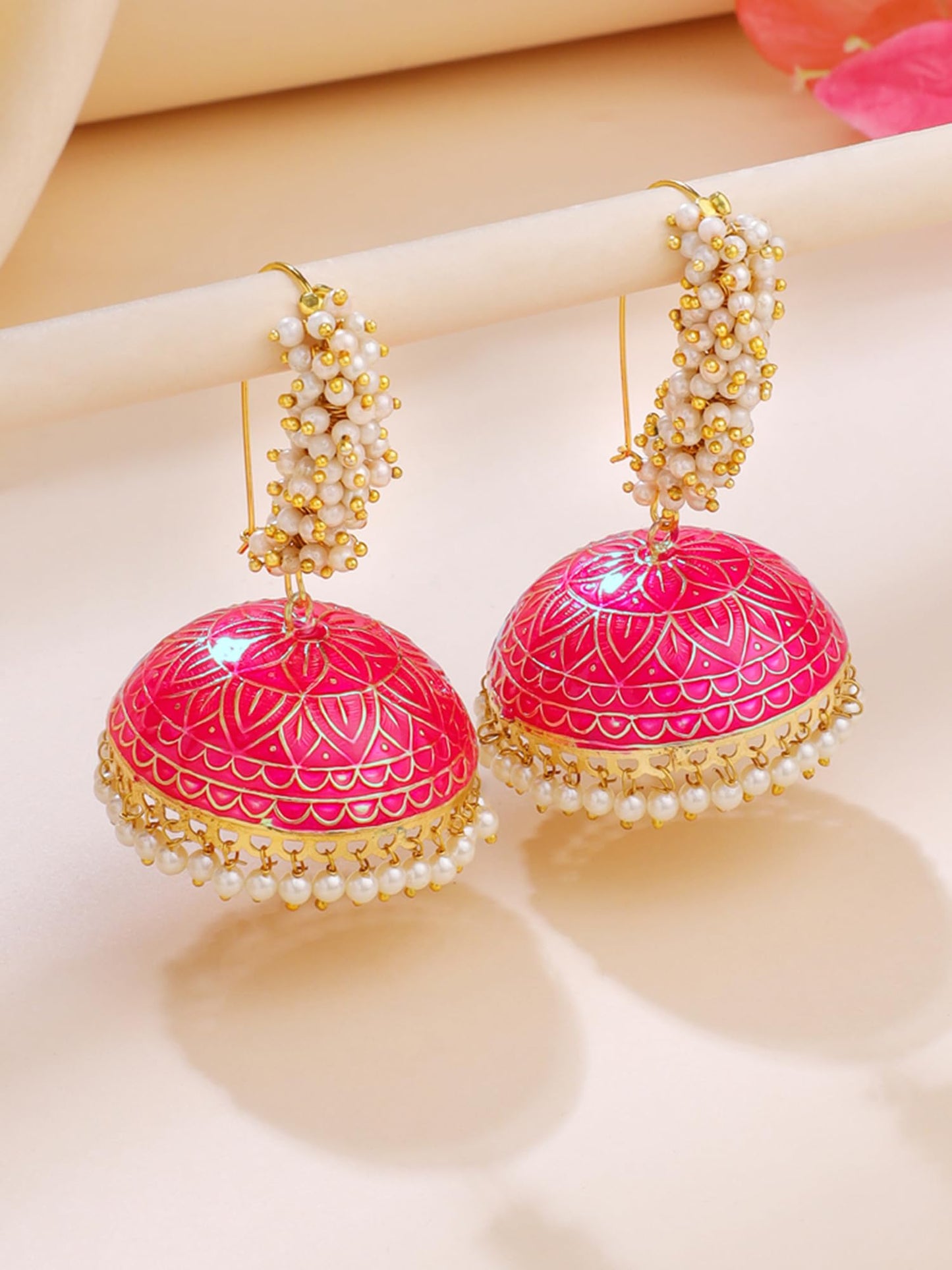 Yellow Chimes Meenakari Jhumka Earrings Handcrafted Gold toned Traditional Multicolor Jhumka/Jhumki Earrings for Women and Girls (Dark Pink Jhumka)