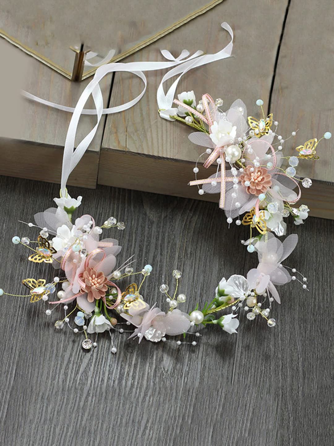 Yellow Chimes Tiara for Women and Girls Floral Hair Vine for Women White Bridal Hair Vine Tiara Headband Hair Accessories Wedding Jewellery for Girls and Women Bridal Hair Accessories for Wedding.