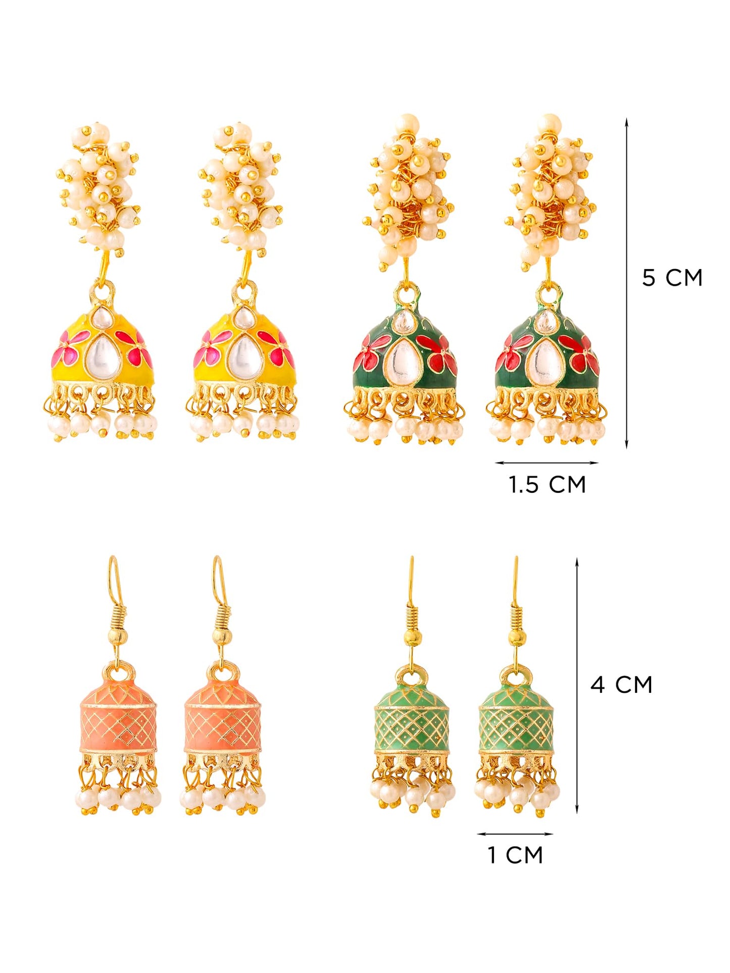 Yellow Chimes Meenakari Jhumka Earrings for Women | Traditional Mothi Hoop Jhumki Earrings Set for Girls | Combo of 4 Pairs Jhumkas Ethnic Gold Plated Women Earrings | Birthday Gift For Girls