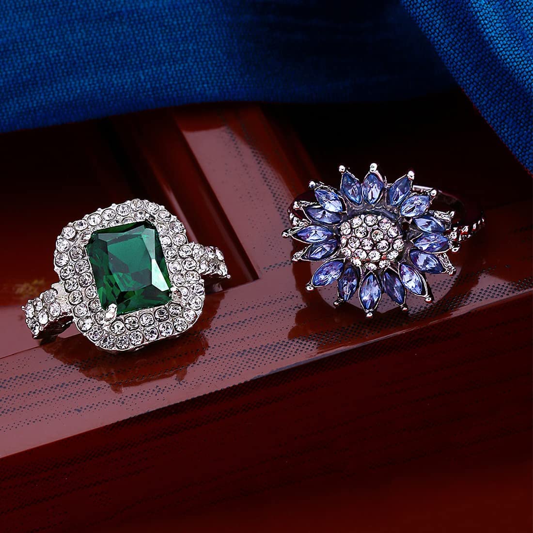 Yellow Chimes Rings for Women Combo of 2 PCs Rings Rhodium Plated Blue Green Crystal Studded Finger Rings for Women and Girls.