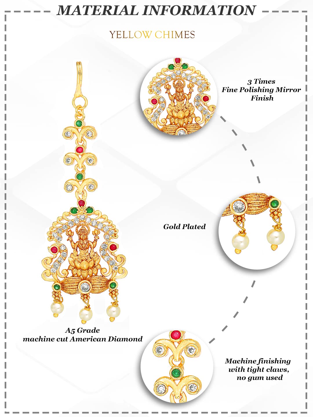 Yellow Chimes Classic AD/American Diamond Studded Gold Plated Lakshmi Design Maang Tikka for Women and Girls.