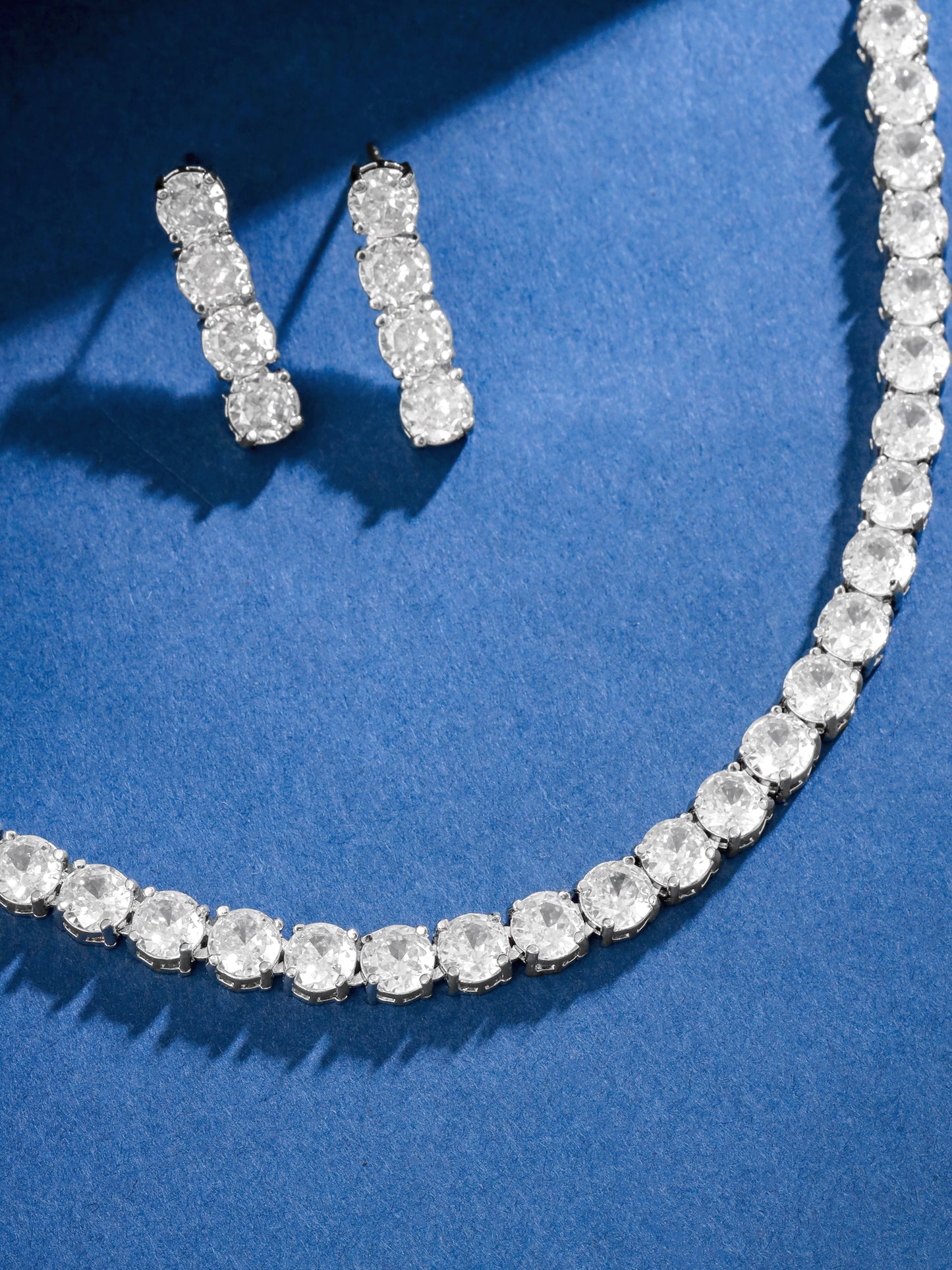 Yellow Chimes American Diamond Necklace Set For Women | White Stone Silver Jewellery Set For Women | Diamond Necklace Set | Birthday Gift for Girls Anniversary Gift for Wife