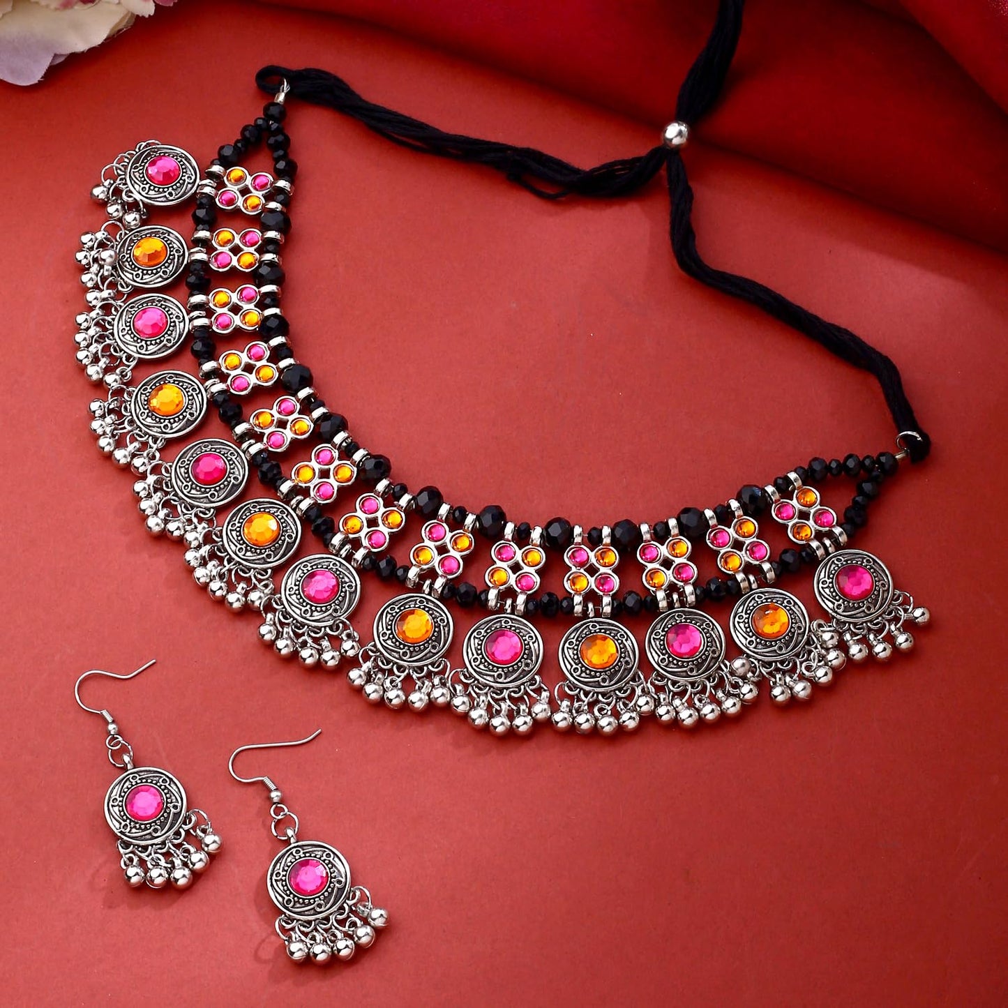 Yellow Chimes Jewellery Set for Women and Girls Silver Oxidised Jewellery Set | Multicolor Stone Oxidized Necklace Set | Birthday Gift For Girls and Women Anniversary Gift for Wife