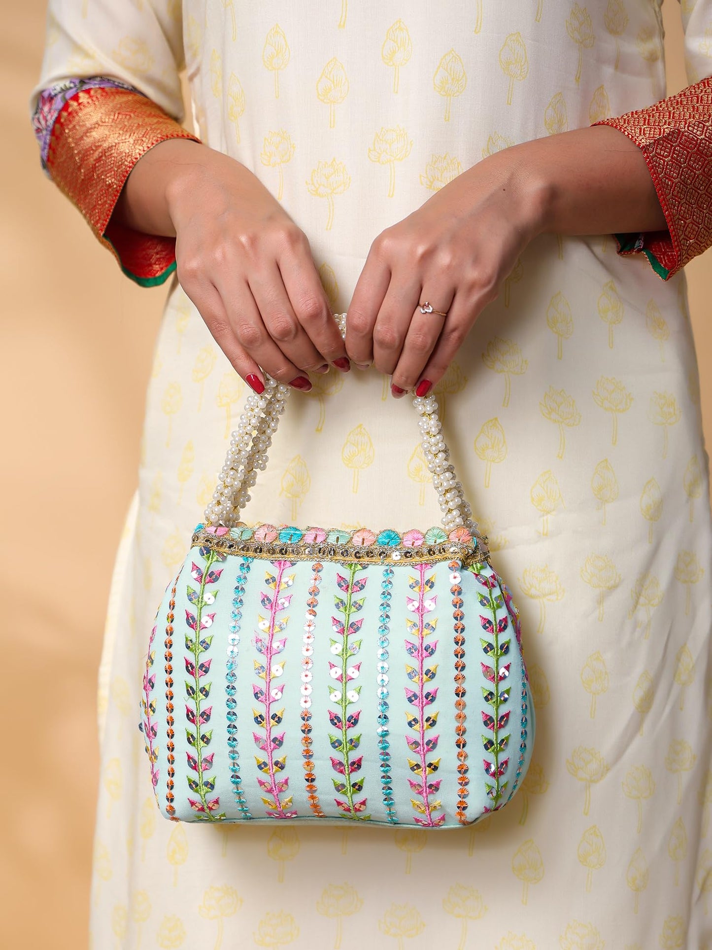 Yellow Chimes Potli Bags For Ladies For Wedding | Traditional Potli Handbags For Women | Pearl Beaded Wristlet Handmade Embroidery Worked Potli Bag | Ideal for Parties Weddings or Traditional Events