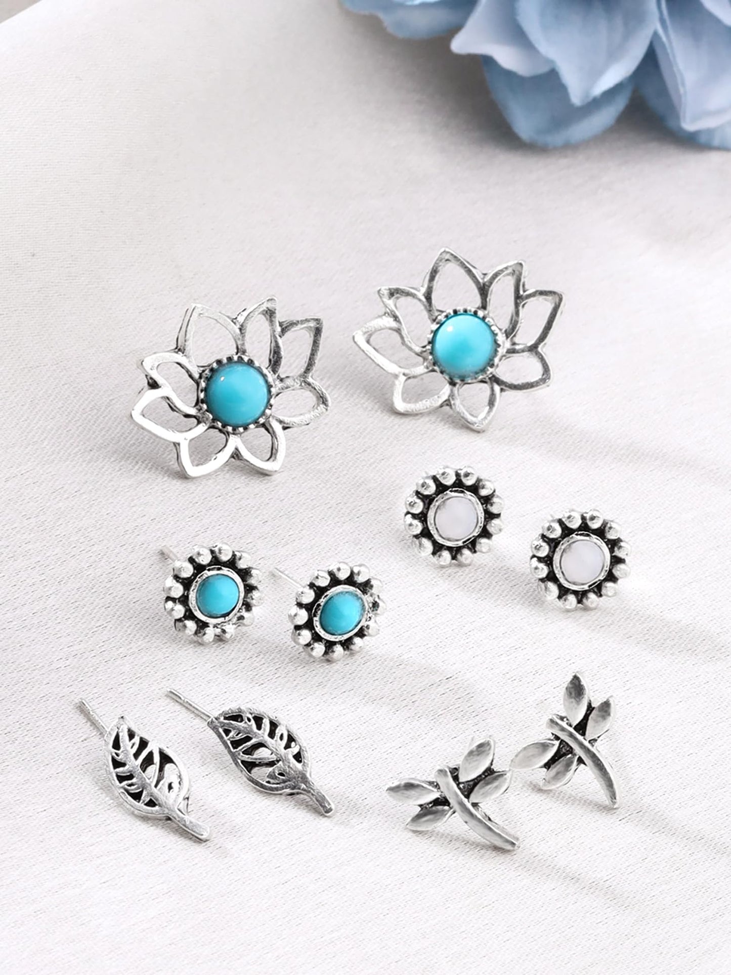 Yellow Chimes Stud Earrings for Women | Fashion Silver Earrings for Girls Combo of 5 Pairs Studs Earrings Set | Oxidised Silver Women Earrings | Birthday Gift For Girls Anniversary Gift for Wife