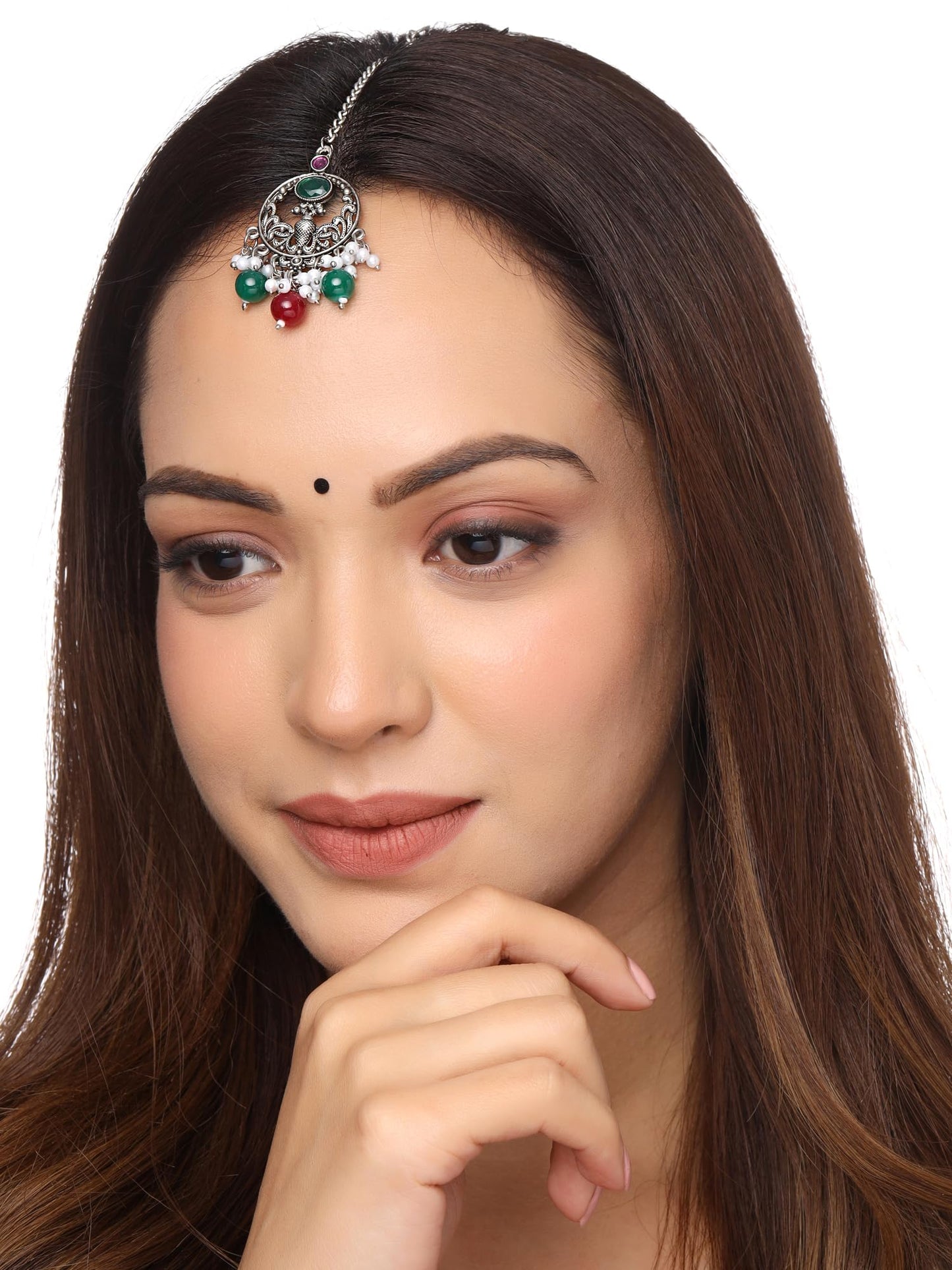 Yellow Chimes Maangtikka for Women Silver Oxidised Stone Studded Peacock Designed Maangtikka for Women and Girls