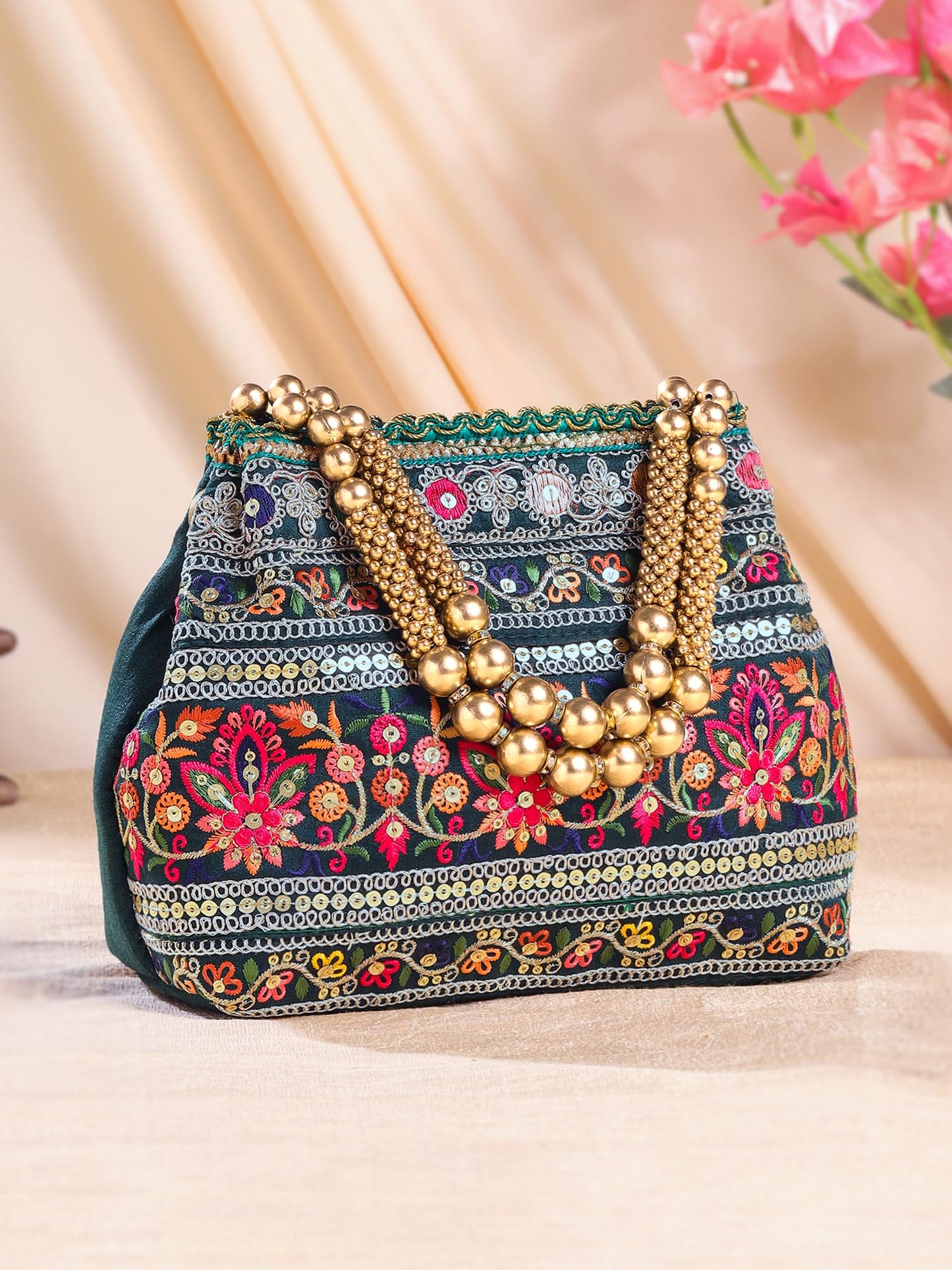 Yellow Chimes Potli Bags For Ladies For Wedding | Traditional Potli Handbags For Women | Pearl Beaded Wristlet Handmade Embroidery Worked Potli Bag | Ideal for Parties Weddings or Traditional Events