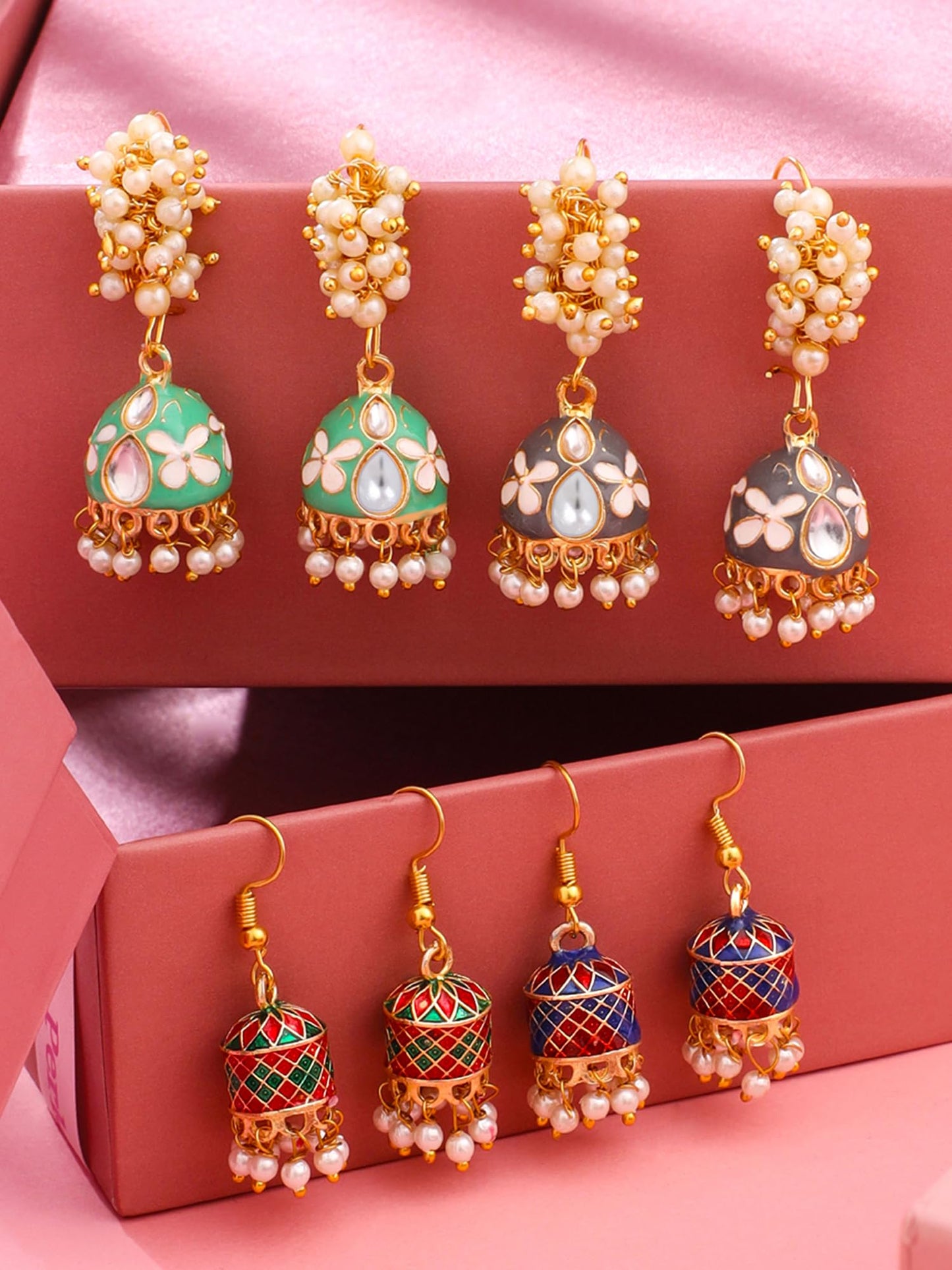 Yellow Chimes Meenakari Jhumka Earrings for Women | Traditional Mothi Hoop Jhumki Earrings Set for Girls | Combo of 4 Pairs Jhumkas Ethnic Gold Plated Women Earrings | Birthday Gift For Girls