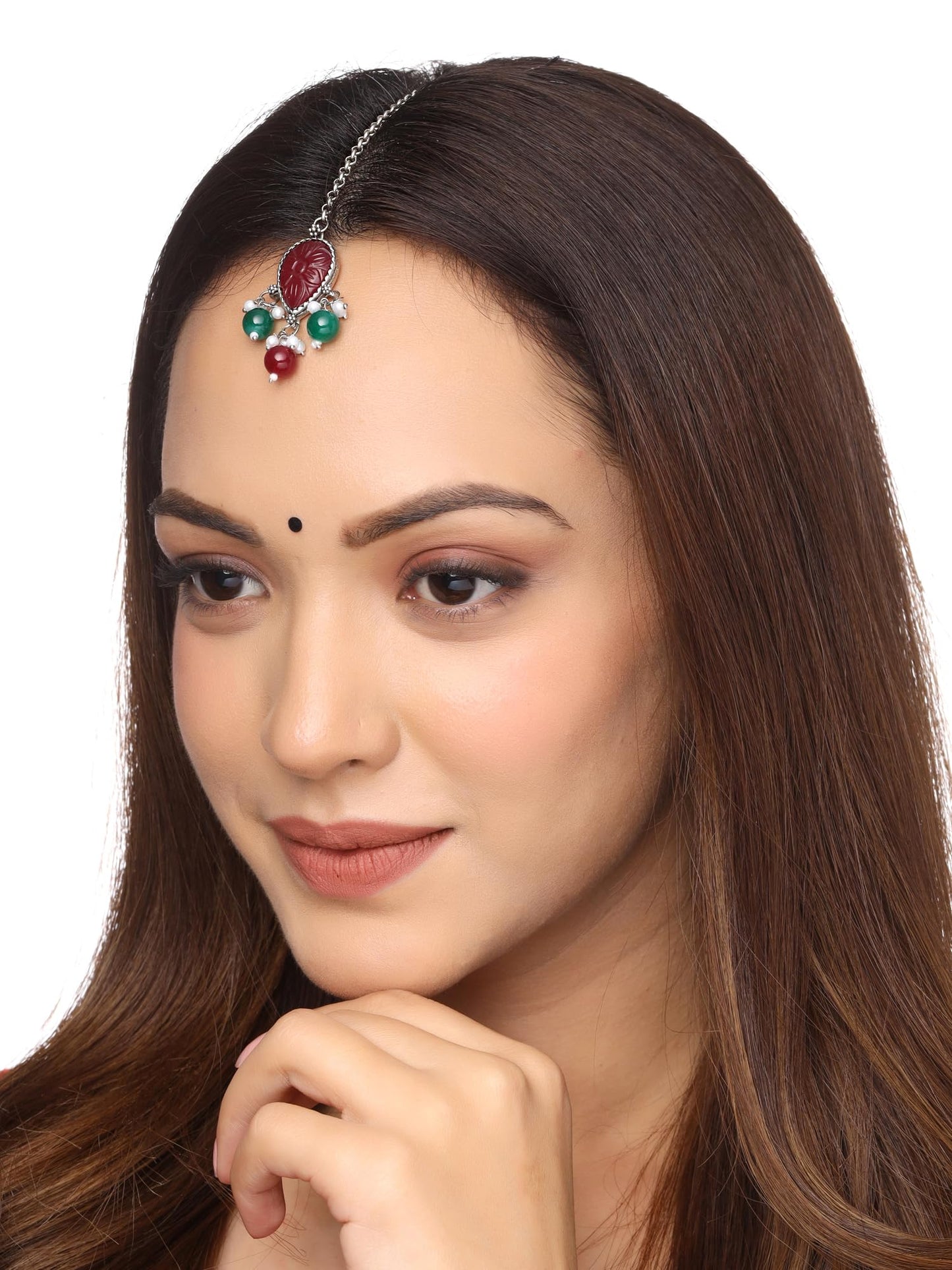 Yellow Chimes Maangtikka for Women Silver Oxidised Red Stone Studded Floral Designed Beads Drop Designed Maanngtikka for Women and Girls