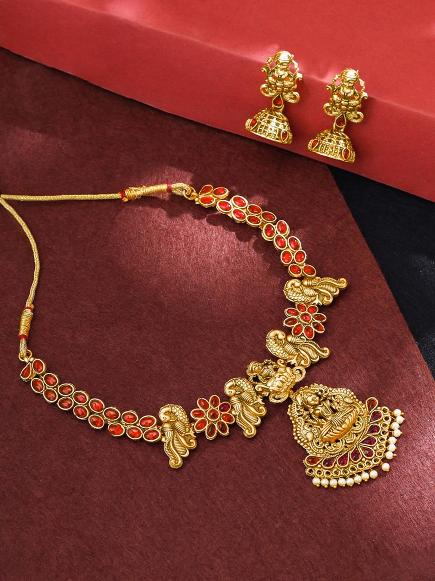 Yellow Chimes Jewellery Set For Women | Ethnic Gold Plated Red Stone Necklace Set for Women | Traditional Temple Jewellery Sets For Girls | Birthday Gift for Girls & Women Anniversary Gift for Wife