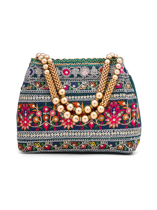 Yellow Chimes Potli Bags For Ladies For Wedding | Traditional Potli Handbags For Women | Pearl Beaded Wristlet Handmade Embroidery Worked Potli Bag | Ideal for Parties Weddings or Traditional Events