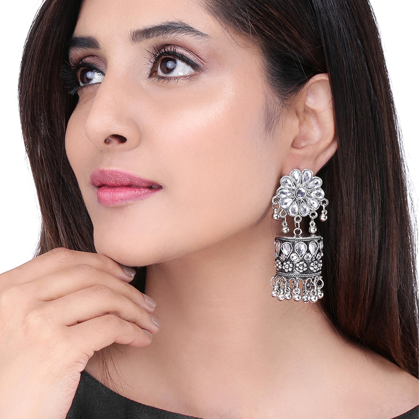 Yellow Chimes Oxidised Earrings for Women Traditional Silver Oxidised Floral Design Dome Jhumka/Jhumki Earrings for Women and Girls