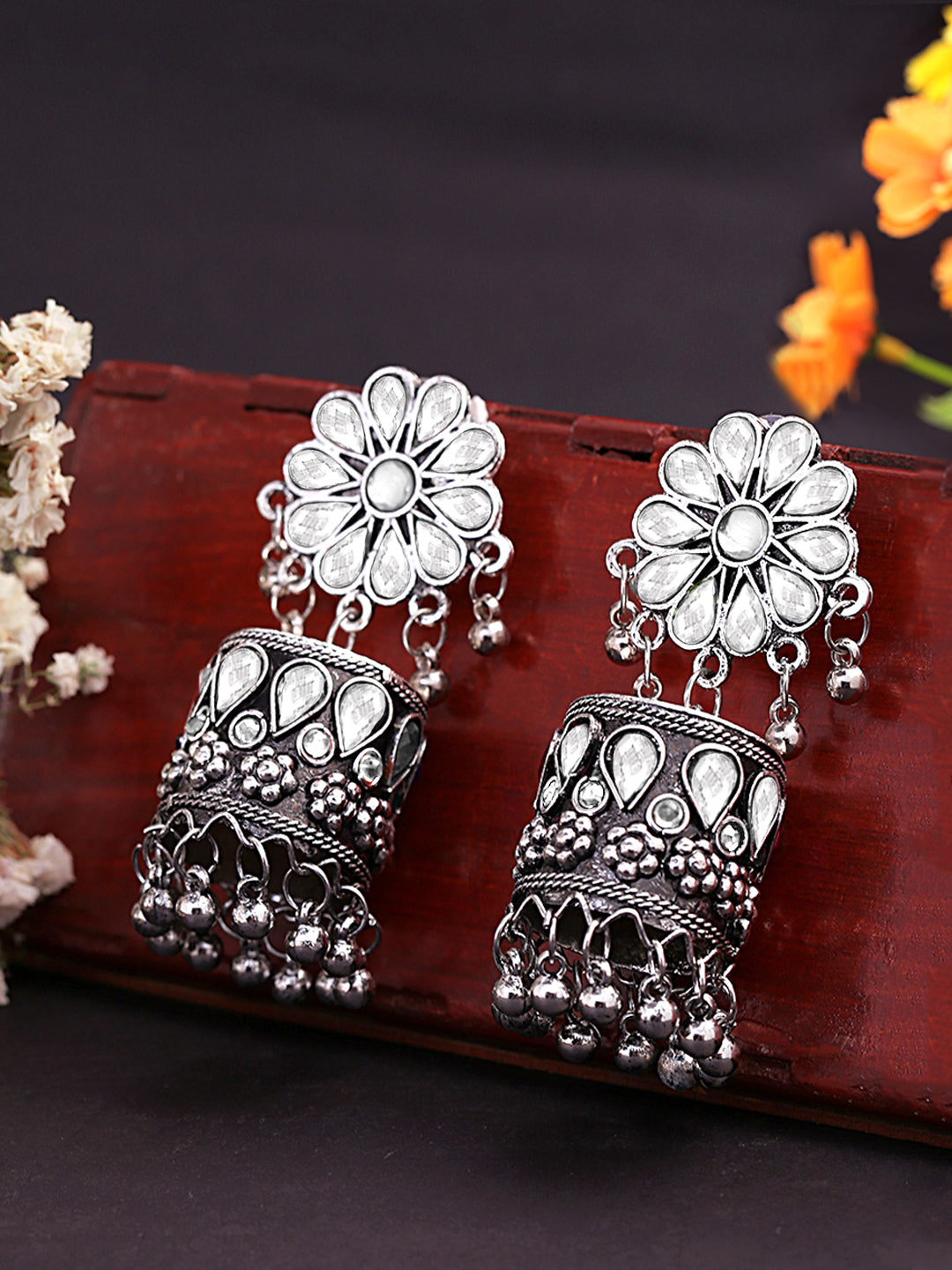 Yellow Chimes Oxidised Earrings for Women Traditional Silver Oxidised Floral Design Dome Jhumka/Jhumki Earrings for Women and Girls