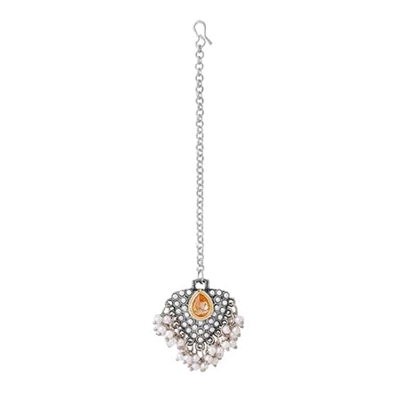 Yellow Chimes Maang Tikka for Women Oxidised Silver Plated Studded Beads Drop Maangtikka for Women and Girls