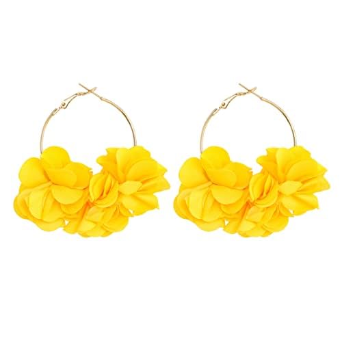 Kairangi Earrings For Women Yellow Color Boho Dangle Lace Cloth Mesh Yarn Chiffon Silk Handmade Flower Layered Petal Circel Hoop Jewelry Earrings for Women and Girls