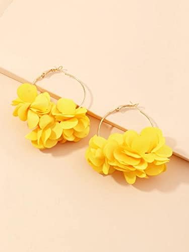 Kairangi Earrings For Women Yellow Color Boho Dangle Lace Cloth Mesh Yarn Chiffon Silk Handmade Flower Layered Petal Circel Hoop Jewelry Earrings for Women and Girls