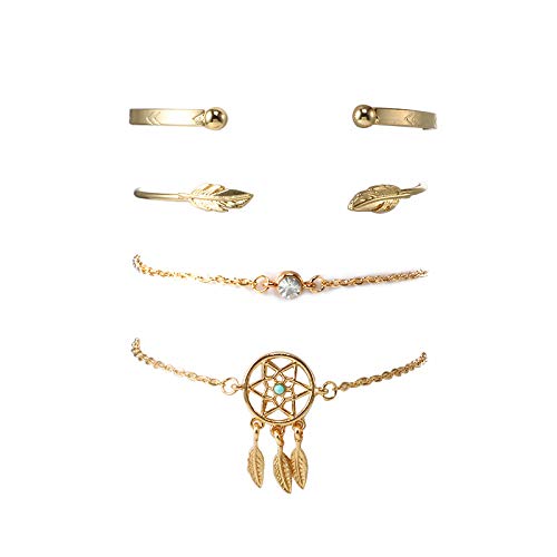 Yellow Chimes Combo of 4 Pcs/Set Boho Leaf Design Crystal Chain Vintage Dream Catcher Gold Plated Cuff Bracelet for Women and Girl's