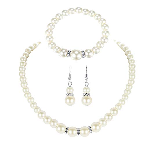 Yellow Chimes White Pearl Necklace Set with Bracelet & Earrings Pearl Jewellery Set for Women (Silver,White) (YCFJNS-221PERL-WH)