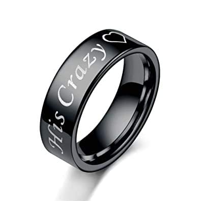 Yellow Chimes His Crazy Heart Engraved Stainless Steel Black Band Rings For Women & Girls