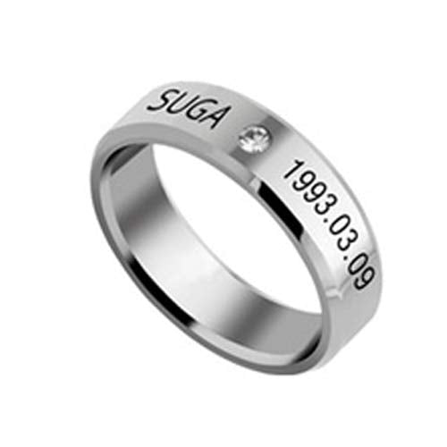Yellow Chimes BTS Band Rings for Men Kpop BTS Band Suga Name and DOB Stailless Steel Silver Ring for Men and Boys