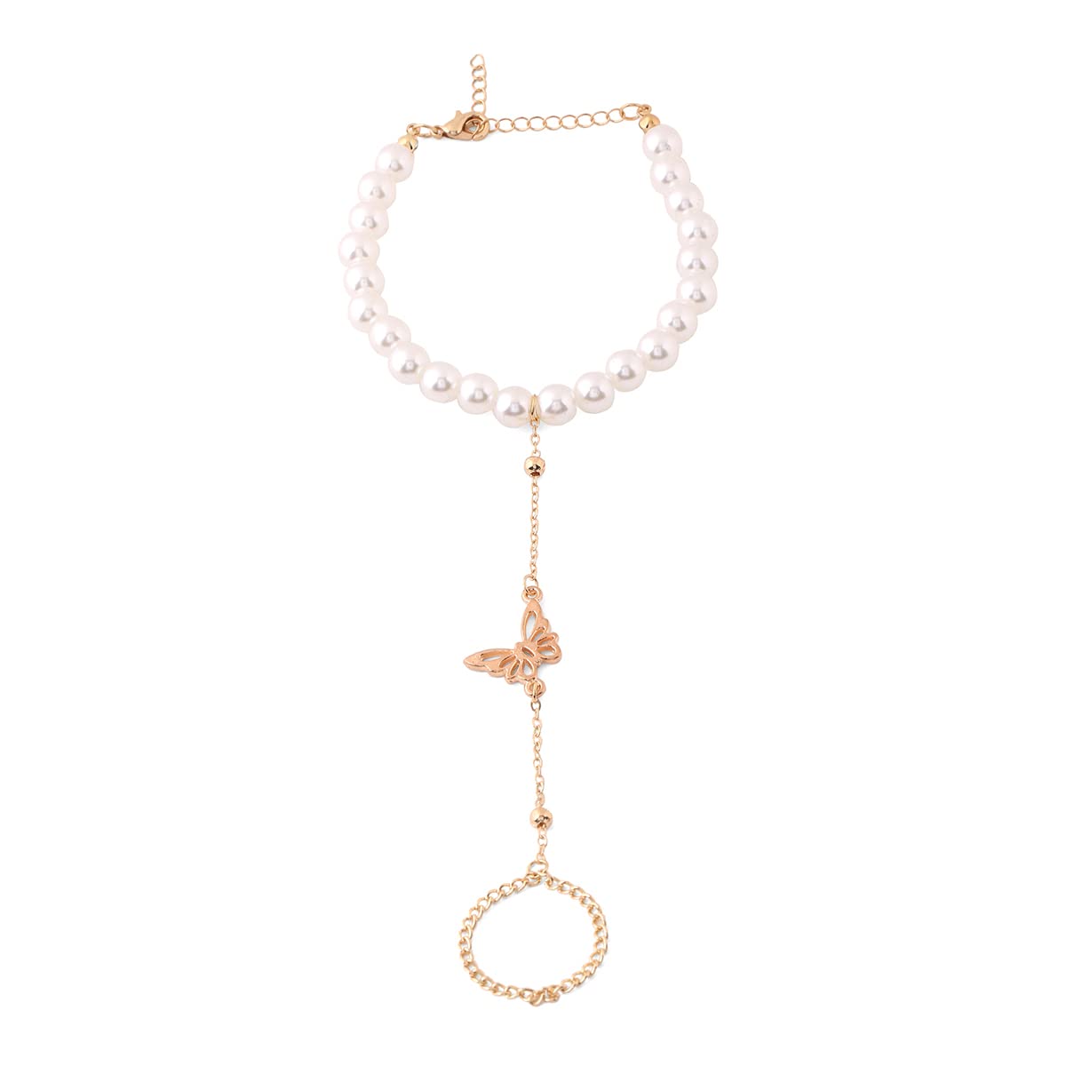 Yellow Chimes Hand Chain For Women Gold Plated Pearl Butterfly Charm Hand Chain Ring For Women and Girls