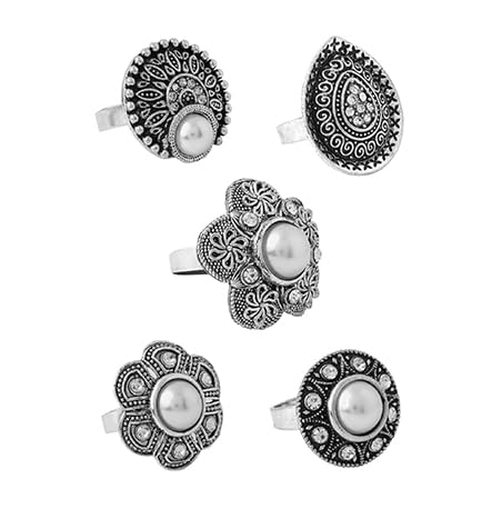 Yellow Chimes Rings for Women and Girls Traditional Oxidised Silver Rings for Women | Silver Oxidised Plated Combo of 5 Pcs Adjustable Rings | Birthday Gift For Girls & Women Anniversary Gift for Wife